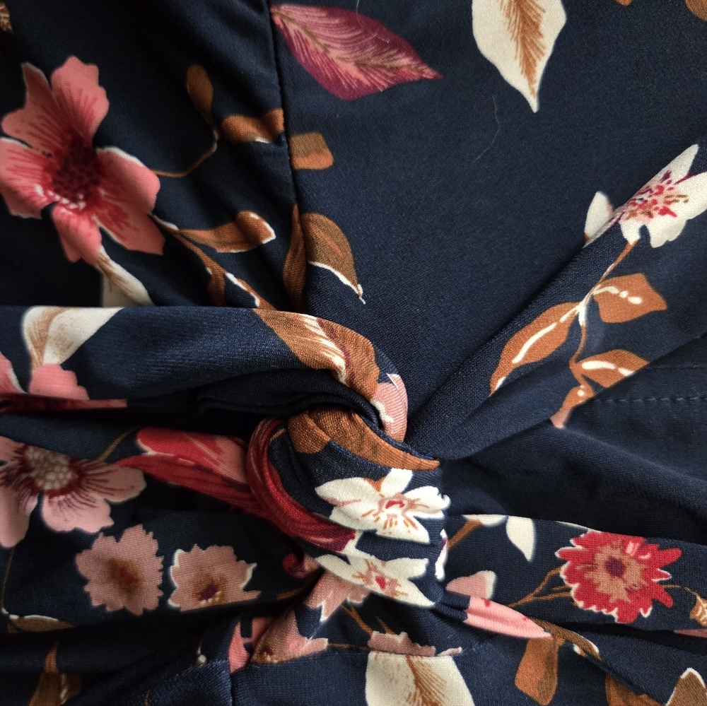 NWT-London Times Navy/Red Floral Elbow Sleeve Side Tie Fit & Flare Midi Dress-14 - Picture 12 of 16